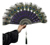 TYNXK Ventaglio con Piume Luxury Embroidery Sequin Peacock Folding Fan Dance Hand with Pendant Wedding Party Decoration(Purple)