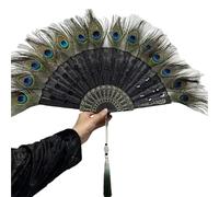 TYNXK Ventaglio con Piume Luxury Embroidery Sequin Peacock Folding Fan Dance Hand with Pendant Wedding Party Decoration(Black)