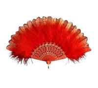 TYNXK Ventaglio con Piume Retro Folding Fan, Feather Lace, Chinese Pattern Craft, Dance Hand FanUltra Light, Weddingengageme(Red)