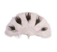 TYNXK Ventaglio con Piume with Tassel Peacock Feather Fan Handheld Portable Folding Hand Soft Thick Feathers Hollow Handle Dance Wedding(White)
