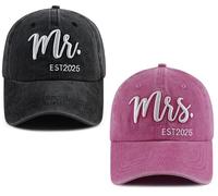 TypasTdqk Set di 2 cappelli Mr and Mrs Est 2025 per uomo e donna, divertenti cappelli da baseball in cotone ricamato 3D per sposo e sposa, Nero e rosa, Taglia unica