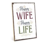 TypeStoff HS-00576 - Targa in legno con scritta "HAPPY WIFE, Happy Life, in stile vintage, con citazione come regalo e decorazione