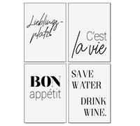 Typo - Set di poster con scritta in lingua tedesca "Lieblingsplatz cest la vie Bon appetit Save Water I Statement Modern nero bianco