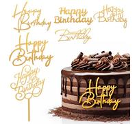 Tyqour 6 decorazioni per torte dorate Happy Birthday, in acrilico Happy Birthday Cake topper per compleanno, decorazione per torta di compleanno, decorazione per ragazze, bambini, feste e dolci