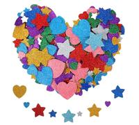 Tyqour Set di 150 adesivi in schiuma glitterata a forma di stella e cuore, adesivi in schiuma colorata, autoadesivi, in gomma espansa per bambini, decorazione da parete, fai da te
