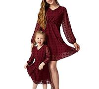 TYQQU Vestito per Madre E Figlia per La Spiaggia Abito Estivo a Maniche Lunghe con Fodera Prendisole Casual Rosso Vino 6-7Y