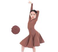 Tytyozay 2025 Vestito da Ballo Latino per Ragazze, 2 Pezzi Scollo A V Diviso Manica Lunga Abbigliamento da Ballo Gonna A Pieghe Grande A Sbalzo per Salsa Rumba Cha Cha Samba Tango,Marrone,L