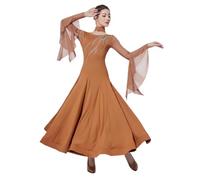 Tytyozay Abiti da Ballo per Donna, Elegante Abito da Valzer con Strass Maniche Lunghe E Maniche A Campana Fluide Costume da Competizione con Ampia Gonna A Grande Ampiezza per Valzer Danza,Giallo,XXL