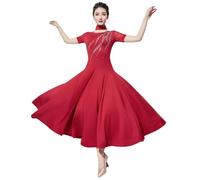Tytyozay Abito da Ballo da Donna, Elegante Abito da Valzer con Strass Moderno Abbigliamento da Tango A Maniche Corte Costume da Danza Standard per Competizioni E Spettacoli,Rosso,XXL