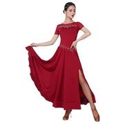 Tytyozay Abito da Ballo da Donna, Elegante Abito da Valzer con Strass Moderno Abito da Danza A Maniche Corte con Ampia Gonna A Grande Ampiezza Costume da Danza Standard per Competizioni,Rosso,XL
