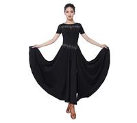 Tytyozay Abito da Ballo da Donna, Elegante Abito da Valzer con Strass Moderno Abito da Danza A Maniche Corte con Ampia Gonna A Grande Ampiezza Costume da Danza Standard per Competizioni,Nero,XXL