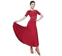 Tytyozay Abito da Ballo da Donna, Elegante Costume da Danza con Inserti Patchwork in Pizzo Ampia Gonna Fluida in Stile Lirico Abito da Valzer A Maniche Corte per Allenamento Standard,Rosso,M