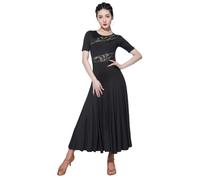 Tytyozay Abito da Ballo da Donna, Elegante Costume da Danza con Inserti Patchwork in Pizzo Ampia Gonna Fluida in Stile Lirico Abito da Valzer A Maniche Corte per Allenamento Standard,Nero,S
