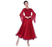 Tytyozay Abito da Ballo da Donna, Elegante Vestito da Valzer A Maniche Lunghe, Abito da Danza Patchwork con Maniche A Campana E Gonna in Tulle per Allenamento E Spettacoli,Rosso,S