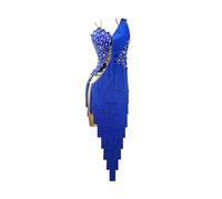 Tytyozay Abito da Ballo Latino Blu per Ragazza, Costume da Competizione Senza Maniche con Scollo A V E Strass per Donna Elegante Abito da Ballo Senza Schienale per Samba E Tango,Blu,XL