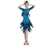 Tytyozay Abito da Ballo Latino da Donna, Elegante Abito da Ballo con Frange E Strass Abito da Spettacolo alla Moda con Maniche A 3/4 per Samba Rumba Cha Cha Tango,Blu,XL