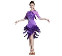 Tytyozay Abito da Ballo Latino da Donna, Elegante Abito da Ballo con Frange E Strass Abito da Spettacolo alla Moda con Maniche A 3/4 per Samba Rumba Cha Cha Tango,Viola,L