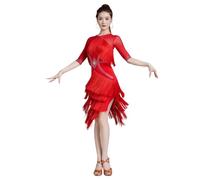 Tytyozay Abito da Ballo Latino da Donna, Elegante Abito da Ballo con Frange E Strass Abito da Spettacolo alla Moda con Maniche A 3/4 per Samba Rumba Cha Cha Tango,Rosso,XL
