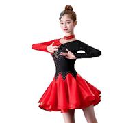 Tytyozay Abito da Ballo Latino per Donna, Costume da Ballo A Maniche Lunghe con Spalle Scoperte Design Asimmetrico E Gonna Corta Multistrato con Volant per ChaCha Rumba Samba,Rosso,S