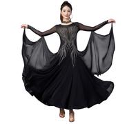 Tytyozay Abito da Ballo Standard da Donna, Elegante Abito da Competizione A Maniche Lunghe con Girocollo, Strass E Gonna in Chiffon Fluida per Valzer Tango Foxtrot,Nero,3XL