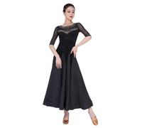 Tytyozay Abito da Ballo Standard da Donna, Elegante Abito da Competizione per Valzer Costume da Danza alla Moda con Maniche A Mezza Lunghezza E Strass Ampia Gonna Svasata per Spettacoli,Nero,XL