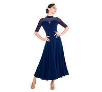 Tytyozay Abito da Ballo Standard Donna, Elegante Abito con Inserto in Rete E Strass per Valzer Tango Foxtrot Allenamento Gara Palcoscenico E Serata,Blu,M