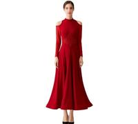 Tytyozay Abito da Ballo Standard Donna, Elegante Abito Lungo con Spalle Scoperte, Collo Alto E Maniche Lunghe Trasparenti per Valzer Tango Foxtrot Allenamento E Palcoscenico,Rosso,L
