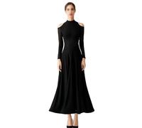 Tytyozay Abito da Ballo Standard Donna, Elegante Abito Lungo con Spalle Scoperte, Collo Alto E Maniche Lunghe Trasparenti per Valzer Tango Foxtrot Allenamento E Palcoscenico,Nero,L