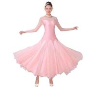 Tytyozay Abito da Ballo Standard E Valzer da Donna, Elegante Abito A Maniche Lunghe con Scollo Rotondo Maniche in Rete Decorazioni in Strass E Gonna Ampia per Allenamento E Spettacoli,Rosa,XL