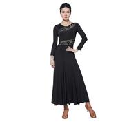 Tytyozay Abito da Competizione di Ballo da Donna, Elegante Abito da Allenamento A Maniche Lunghe Costume da Danza Standard con Patchwork in Pizzo Ampia Gonna Fluida A Grande Ampiezza,Nero,XL