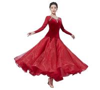 Tytyozay Abito da Competizione di Ballo da Donna, Elegante Abito da Valzer A Maniche Lunghe con Strass Abbigliamento Professionale da Ballo Moderno Abito Patchwork con Ampia Gonna per Ballo,Rosso,XL