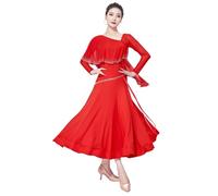 Tytyozay Abito da Competizione di Ballo da Donna, Elegante Abito da Valzer A Maniche Lunghe con Strass Mantella in Chiffon alla Moda Costume Danza Standard con Ampia Gonna A Grande Ampiezza,Rosso,3XL