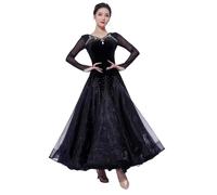 Tytyozay Abito da Competizione di Ballo da Donna, Elegante Abito da Valzer A Maniche Lunghe con Strass Abbigliamento Professionale da Ballo Moderno Abito Patchwork con Ampia Gonna per Ballo,Nero,M