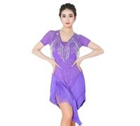 Tytyozay Abito da Danza Latina con Frange da Donna, Costume da Ballo con Strass alla Moda, Maniche Corte E Orlo Asimmetrico per Salsa Rumba Cha Cha Tango Ballo da Sala