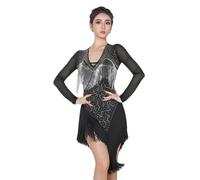 Tytyozay Abito da Donna con Strass E Frange A Strati, Abito da Ballo A Maniche Lunghe con Orlo Asimmetrico per Salsa Rumba Cha Cha Tango Ballo da Sala