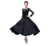 Tytyozay Costume da Ballo da Donna, Elegante Abito da Valzer A Maniche Lunghe Abito da Danza alla Moda con Strass Ampia Gonna A Grande Ampiezza per Competizioni Standard Spettacoli E Serate,Nero,XXL