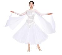 Tytyozay Costume da Danza Lirica da Donna, Elegante Abito da Ballo da Sala A Maniche Lunghe, Abito da Valzer alla Moda con Ampia Gonna Fluida per Competizioni Spettacoli E Serate,Bianca,M