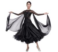 Tytyozay Costume da Danza Lirica da Donna, Elegante Abito da Ballo da Sala A Maniche Lunghe, Abito da Valzer alla Moda con Ampia Gonna Fluida per Competizioni Spettacoli E Serate,Nero,XXL