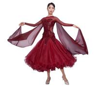 Tytyozay Costume da Danza Lirica da Donna, Elegante Abito da Ballo da Sala A Maniche Lunghe, Abito da Valzer alla Moda con Ampia Gonna Fluida per Competizioni Spettacoli E Serate,Rosso,S