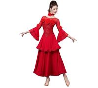 Tytyozay Elegante Abito da Ballo da Sala da Donna, Abito Torneo Standard con Scollo Rotondo Maniche Lunghe Abbellimento Floreale E Volant Abito Festa Abito Ballo Valzer Tango per Il Palco,Rosso,XXL