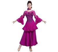 Tytyozay Elegante Abito da Ballo da Sala da Donna, Abito Torneo Standard con Scollo Rotondo Maniche Lunghe Abbellimento Floreale E Volant Abito Festa Abito Ballo Valzer Tango per Il Palco,Viola,XL