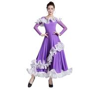 Tytyozay Elegante Abito da Ballo Standard da Donna con Volant, alla Moda con Scollo A V Maniche Lunghe Gonna Moderna Ed Elegante per Ballo da Sala Tango Flamenco Valzer Sociale,Viola,XL
