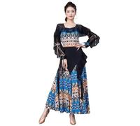 Tytyozay Elegante Abito da Ballo Standard da Donna, Elegante Abito Ballo da Sala con Scollo Quadrato Maniche Lunghe Volant E Tessuto A Rete Abito da Palcoscenico Moderno per Valzer E Tango,Blu,M