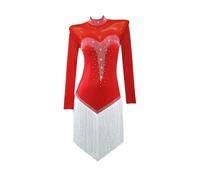 Tytyozay Vestito da Ballo Latino con Nappe per Ragazza, alla Moda con Collo Alto Maniche Lunghe Abiti da Festa Elegante Costume da Spettacolo Senza Schienale per Balletto Latino Rumba Samba,Rosso,S