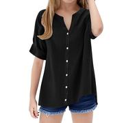 TYUSGH Camicia di lino per bambini Ragazze Estate Manica Corta Tinta unita Camicetta con scollo a V Camicetta Teen Leggero Vestibilità ampia T Shirt Comfort Casual Beach Top, Nero , 11-12 Anni