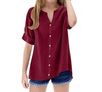 TYUSGH Camicia di lino per bambini Ragazze Estate Manica Corta Tinta unita Camicetta con scollo a V Camicetta Teen Leggero Vestibilità ampia T Shirt Comfort Casual Beach Top, vino, 9-10 Anni