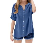 TYUSGH Camicia di lino per bambini Ragazze Estate Manica Corta Tinta unita Camicetta con scollo a V Camicetta Teen Leggero Vestibilità ampia T Shirt Comfort Casual Beach Top, Blu, 7-8 Anni