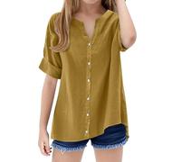 TYUSGH Camicia di lino per bambini Ragazze Estate Manica Corta Tinta unita Camicetta con scollo a V Camicetta Teen Leggero Vestibilità ampia T Shirt Comfort Casual Beach Top, Oro, 12-13 Anni