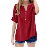 TYUSGH Camicia di lino per ragazze Estate Manica Corta Scollo a V Button Down Camicie Bambini Tinta unita Camicetta leggera Teen Loose Fit T Shirt Moda Casual Top, Rosso, 9-10 Anni