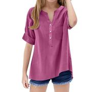 TYUSGH Camicia di lino per ragazze Estate Manica Corta Scollo a V Button Down Camicie Bambini Tinta unita Camicetta leggera Teen Loose Fit T Shirt Moda Casual Top, Rosa acceso, 9-10 Anni